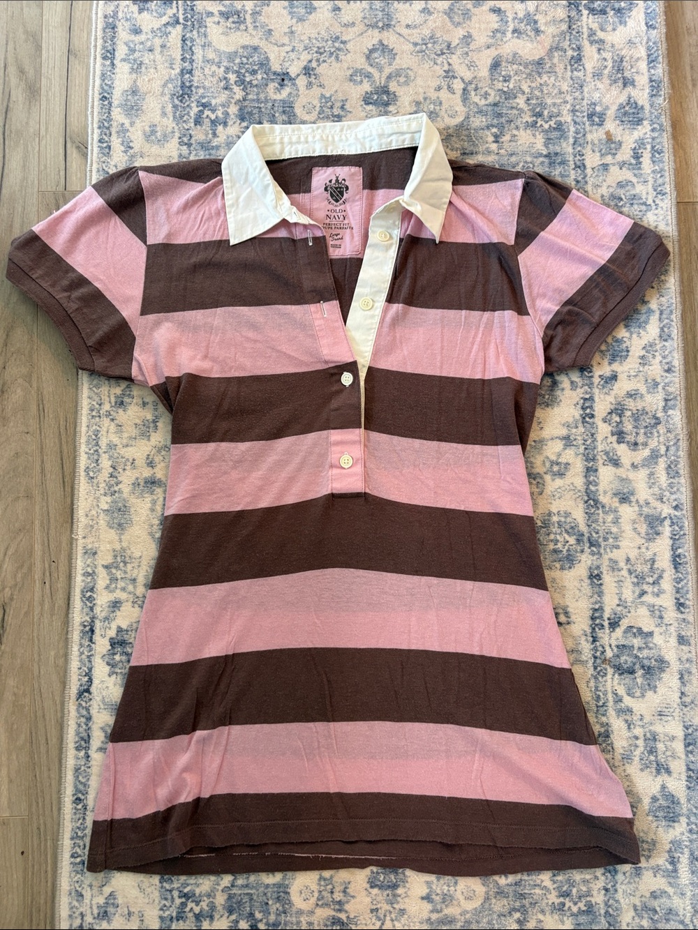 VINTAGE Y2K 2000’s Old Navy Pink & Brown Striped Polo Shirt with White Collar